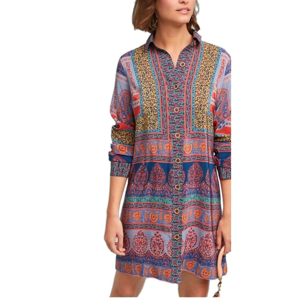 Maeve by Anthropologie Silk Shirt Tunic Dress Multicolor US 6 Boho Paisley